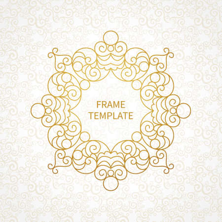 Vector decorative line art frame for design template. Elegant element for  design in Eastern style, place for text. Golden outline floral border. Lace illustration for invitations and greeting cards.のイラスト素材