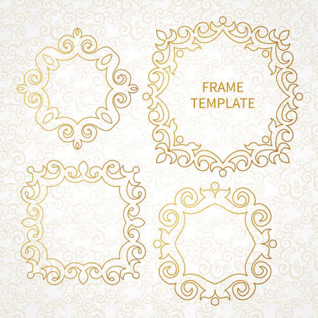 Vector set of decorative line art frames for design template. Elegant element for  design in Eastern style, place for text. Golden outline floral border. Lace illustration for invitations and greeting cards.のイラスト素材