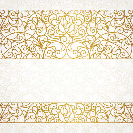 Vector ornate seamless border in Eastern style. Line art element for design, place for text. Ornamental vintage frame for wedding invitations and greeting cards. Traditional gold decor.のイラスト素材