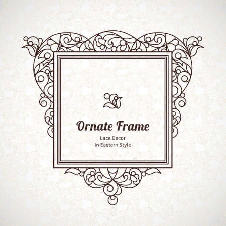 Vector decorative line art frame for design template. Elegant element for design in Eastern style, place for text. Black outline floral border. Lace illustration for invitations and greeting cards.のイラスト素材