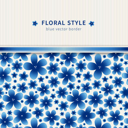 Bright floral border on light background. Spring garland with simple flowers. Blue vintage illustration. Decorative element for design, place for text. Lace pattern for invitations, greeting cards.のイラスト素材