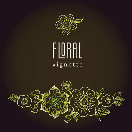Fine summer vector vignette. Line art floral illustration on dark background. Green outline decor. Decorative element for design, place for text. Lace pattern for invitations, greeting cards.のイラスト素材