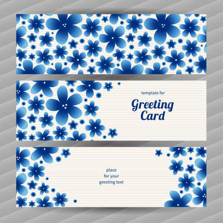 Bright floral card with simple flowers. Blue vintage illustration. Decorative element for design, place for text. Template frame for greeting card and wedding invitation.のイラスト素材
