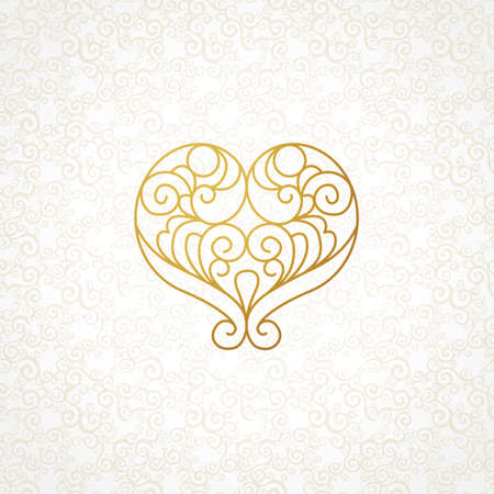 Ornate vector heart in line art style. Elegant element for logo design, place for text. Lace floral illustration for wedding invitations, greeting cards, Valentines cards. Light outline pattern.のイラスト素材