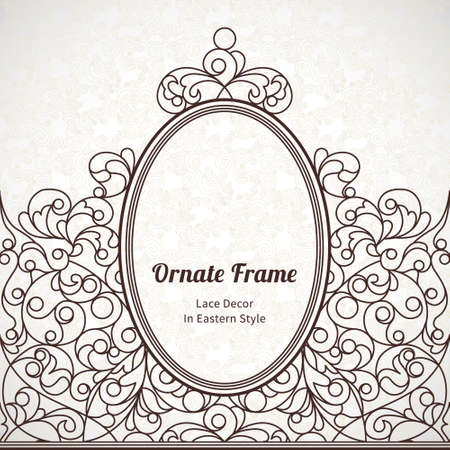 Vector decorative line art frame for design template. Elegant element for design in Eastern style, place for text. Black outline floral border. Lace illustration for invitations and greeting cards.のイラスト素材