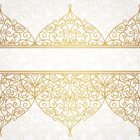 Vector ornate seamless border in Eastern style. Line art element for design, place for text. Ornamental vintage frame for wedding invitations and greeting cards. Traditional gold decor.のイラスト素材