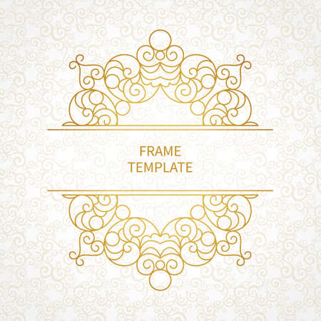 Decorative vector monogram for design template. Elegant element for logo design, place for text, line art floral frame. Golden outline border. Lace illustration for invitations, greeting cards.のイラスト素材