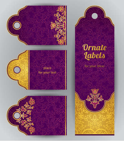 Vintage ornate cards in oriental style. Golden Eastern floral decor. Template vintage frame for greeting card and wedding invitation. Ornate vector border and place for your text.のイラスト素材