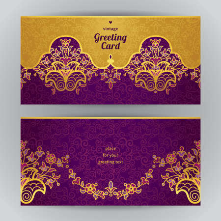 Vintage ornate cards in oriental style. Golden Eastern floral decor. Template vintage frame for greeting card and wedding invitation. Ornate vector border and place for your text.のイラスト素材
