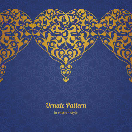 Vector ornate seamless border in Eastern style. Line art element for design, place for text. Ornamental vintage frame for wedding invitations and greeting cards. Traditional golden decor.のイラスト素材