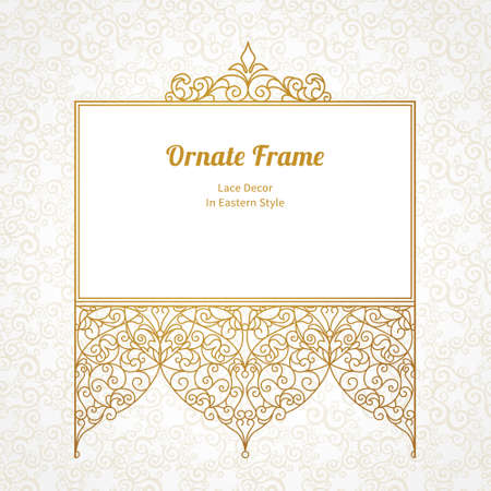 Vector decorative line art frame for design template. Elegant element for design in Eastern style, place for text. Golden outline floral border. Lace illustration for invitations and greeting cards.のイラスト素材