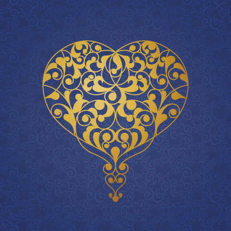 Ornate golden vector heart on blue background. Elegant element for logo design in Eastern style. Lace floral illustration for wedding invitations, greeting cards, Valentines cards. Light outline pattern.のイラスト素材