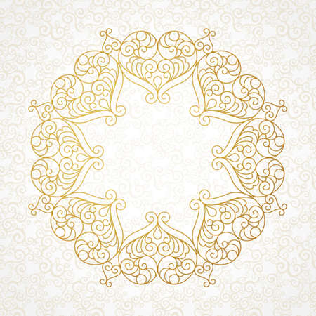 Filigree vector line art frame in Eastern style. Ornate element for design, place for text. Ornamental golden border for wedding invitations and greeting cards. Traditional vintage floral decor.のイラスト素材
