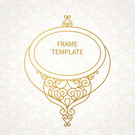 Vector decorative line art frame for design template. Elegant element for logo design in Eastern style, place for text. Golden outline floral border. Lace illustration for invitations and greeting cards.のイラスト素材