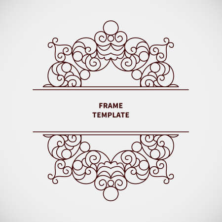 Decorative vector monogram for design template. Elegant element for logo design, place for text, line art floral frame. Black outline border. Lace illustration for invitations, greeting cards.のイラスト素材