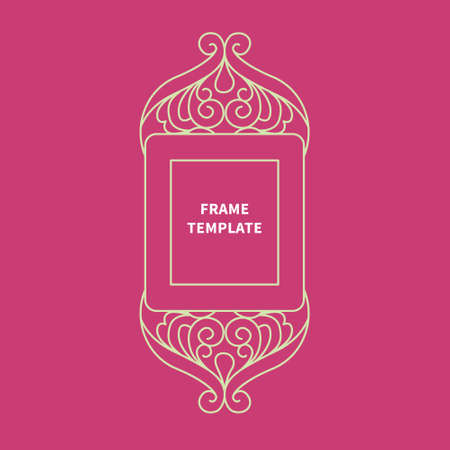 Decorative vector monogram for design template. Elegant element for logo design, place for text, line art floral frame. Light outline border. Lace illustration for invitations, greeting cards.のイラスト素材