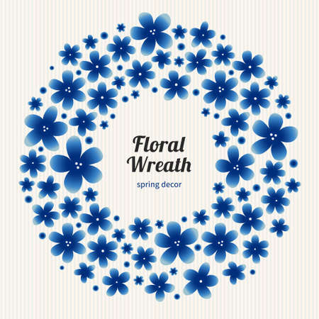 Bright floral wreath on light background. Spring garland with simple flowers. Blue vintage illustration. Decorative element for design, place for text. Lace pattern for invitations, greeting cards.のイラスト素材