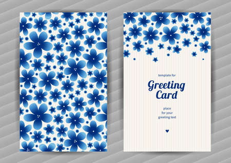 Bright floral card with simple flowers. Blue vintage illustration. Decorative element for design, place for text. Template frame for greeting card and wedding invitation.のイラスト素材