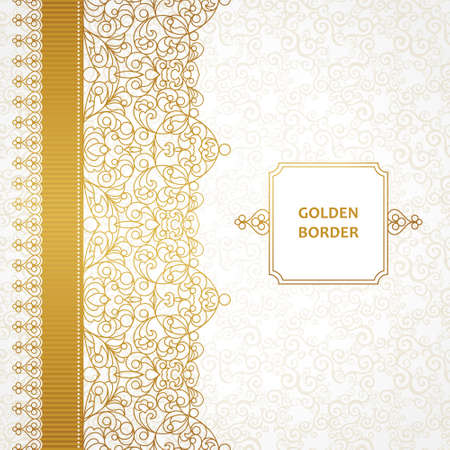 Vector ornate seamless border in Eastern style. Line art element for design, place for text. Ornamental vintage frame for wedding invitations and greeting cards. Traditional golden decor.のイラスト素材