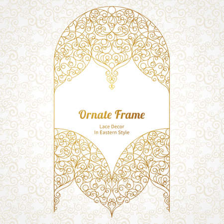 Vector decorative line art frame for design template. Elegant element for design in Eastern style, place for text. Golden outline floral border. Lace illustration for invitations and greeting cards.のイラスト素材