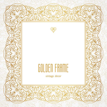 Vector decorative line art frame for design template. Elegant element for design in Eastern style, place for text. Golden outline floral border. Lace illustration for invitations and greeting cards.のイラスト素材