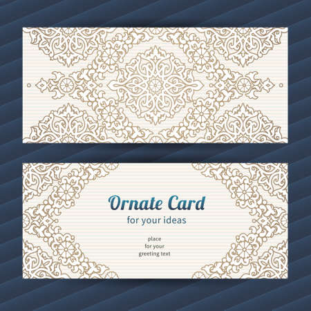 Vintage ornate cards in oriental style. Beige Eastern floral decor. Template vintage frame for greeting card and wedding invitation. Ornate vector border and place for your text.のイラスト素材