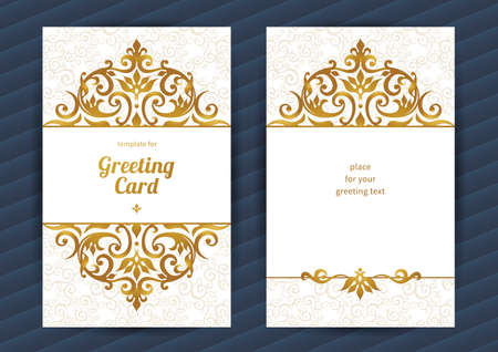 Vintage ornate cards in oriental style. Golden Eastern floral decor. Template vintage frame for birthday and greeting card, wedding invitation. Ornate vector border. Easy to use, layered.のイラスト素材