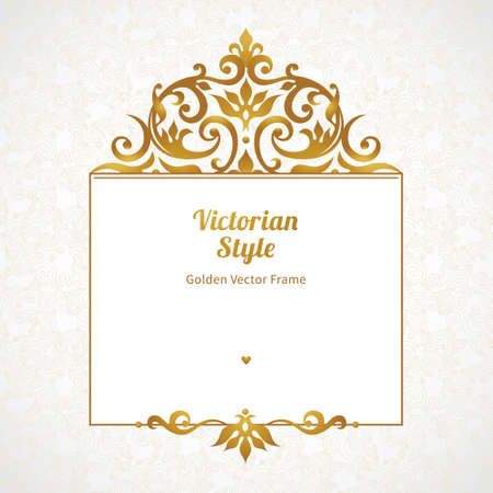 Vector decorative frame in Victorian style. Elegant element for design template, place for text. Golden floral border. Lace decor for birthday and greeting card, wedding invitation, certificate.のイラスト素材