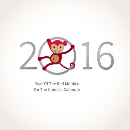 Symbol of 2016. Red smiling Monkey clinging to a circle. Vector element for New Year's design in flat style. Illustration of 2016 year of the monkey.のイラスト素材