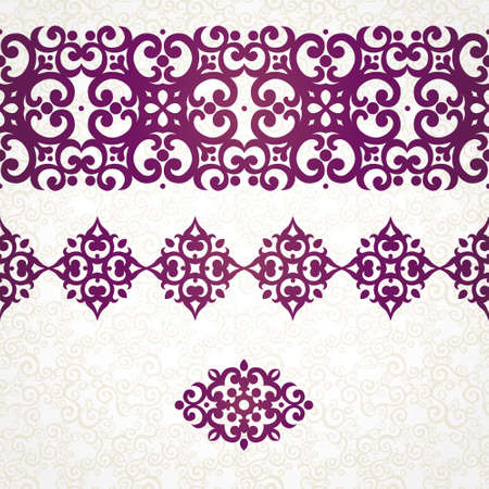Vector ornate seamless borders in Eastern style. Ornate element for design, place for text. Ornamental vintage frame for wedding invitations and greeting cards. Traditional purple decor.のイラスト素材