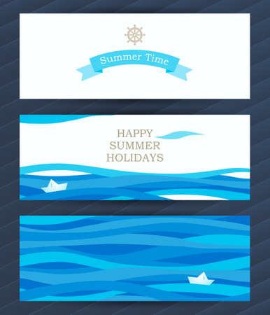 Bright Summer Holidays cards with sea elements. Sea pattern with paper boat and waves. Place for your text. Template frame design for banner, placard, invitation. Blue vector background.のイラスト素材