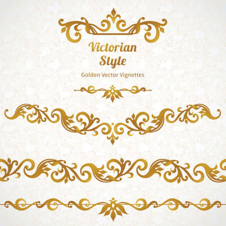 Vector set of ornate borders and vignettes in Victorian style. Gorgeous element for design, place for text. Ornamental vintage pattern for wedding invitations, birthday and greeting cards.Traditional golden decor.のイラスト素材
