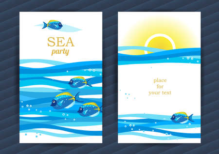 Bright Summer Holidays cards with sea elements. Sea pattern with fish and waves. Place for your text. Template frame design for banner, placard, invitation. Marine life vector background.のイラスト素材