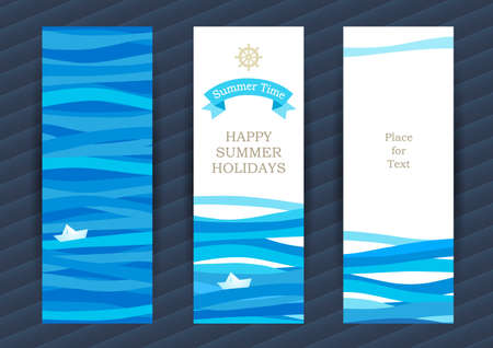 Bright Summer Holidays cards with sea elements. Sea pattern with paper boat and waves. Place for your text. Template frame design for banner, placard, invitation. Blue vector background.のイラスト素材