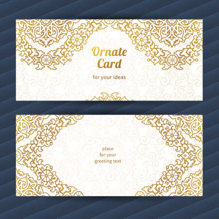 Vintage ornate cards in oriental style. Golden Eastern floral decor. Template vintage frame for greeting card and wedding invitation. Ornate vector border and place for your text.のイラスト素材