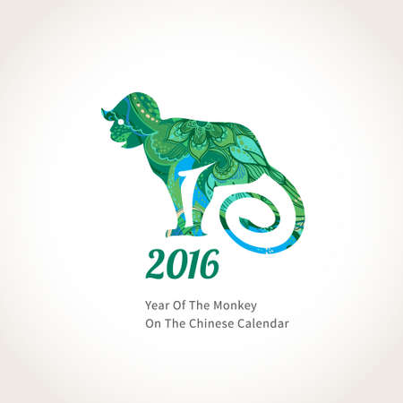 Vector illustration of monkey, symbol of 2016 on the Chinese calendar. Silhouette of smiling monkey, decorated with green floral patterns. Vector element for New Year's design. Image of 2016 year of Monkey.のイラスト素材