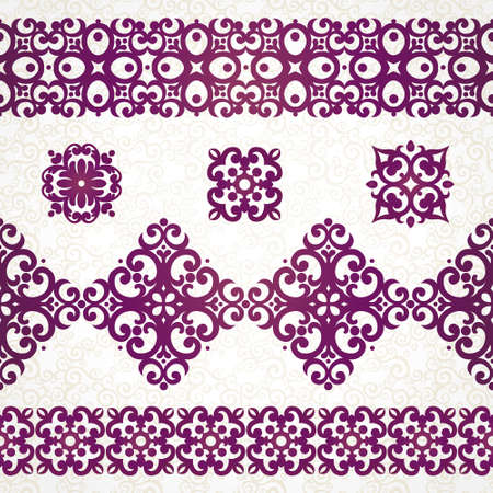 Vector ornate seamless borders in Eastern style. Ornate element for design, place for text. Ornamental vintage frame for wedding invitations and greeting cards. Traditional purple decor.のイラスト素材