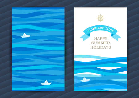 Bright Summer Holidays cards with sea elements. Sea pattern with paper boat and waves. Place for your text. Template frame design for banner, placard, invitation. Blue vector background.