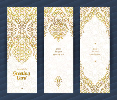 Vintage ornate cards in oriental style. Golden Eastern floral decor. Template vintage frame for greeting card and wedding invitation. Ornate vector border and place for your text.のイラスト素材