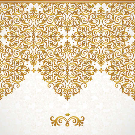 Vector ornate seamless border in Victorian style. Gorgeous element for design, place for text. Ornamental vintage pattern for wedding invitations, birthday and greeting cards.Traditional golden decor.のイラスト素材