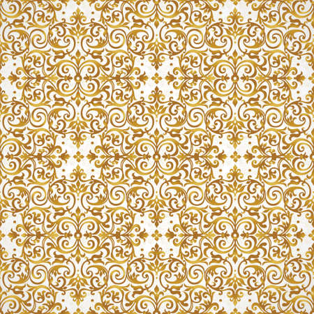 Vector seamless pattern with golden ornament. Vintage element for design in Victorian style. Ornamental lace tracery. Ornate floral decor for wallpaper. Endless texture. Bright pattern fill.のイラスト素材