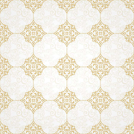 Vector seamless pattern with golden ornament. Vintage element for design in Victorian style. Ornamental lace tracery. Ornate floral decor for wallpaper. Endless texture. Light background.のイラスト素材