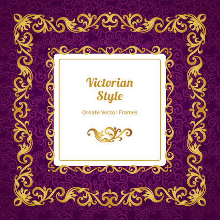 Vector decorative frame in Victorian style. Elegant element for design template, place for text. Golden floral border. Floral decor for birthday and greeting card, wedding invitation, certificate.のイラスト素材