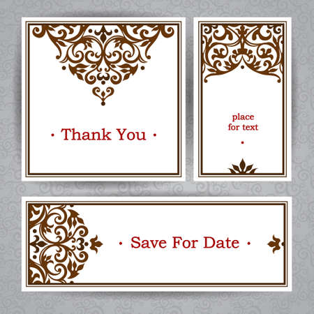 Vintage ornate cards in Victorian style. Contrast floral decor. Template ornamented frame for birthday and greeting card, wedding invitation, save for date. Ornate vector border. Easy to use, layered.のイラスト素材