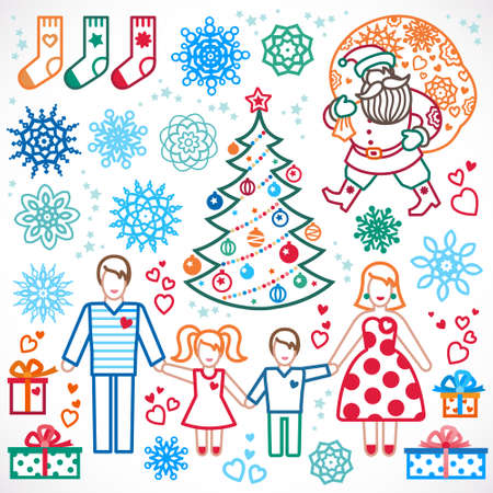 Set of christmas vector elements, winter holidays icons collection. Santa Claus with a bag of gifts, Christmas tree, happy family. Decor for brochures, magazines, leaflets, best wishes greeting card.のイラスト素材