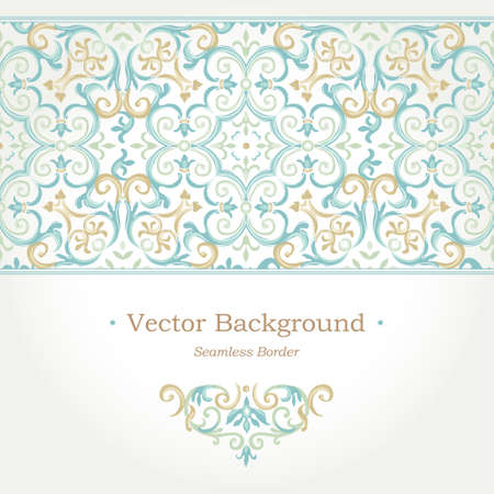 Vector ornate seamless border in Eastern style. Gorgeous element for design, place for text. Ornamental vintage pattern for wedding invitations, birthday and greeting cards. Traditional pastel decor.のイラスト素材