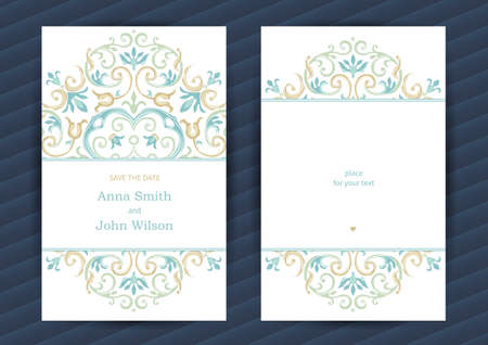Vintage ornate cards in oriental style. Pastel Eastern floral decor. Template vintage frame for birthday and greeting card, wedding invitation. Ornate vector border. Easy to use, layered.のイラスト素材
