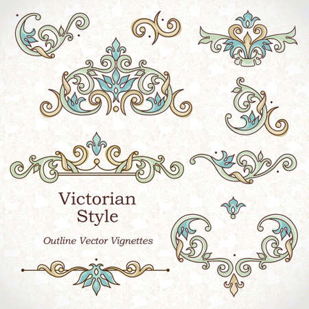 Vector set of vintage vignettes in Victorian style. Ornate element for design and place for text. Ornamental patterns for wedding invitations, birthday and greeting cards. Traditional outline decor.のイラスト素材
