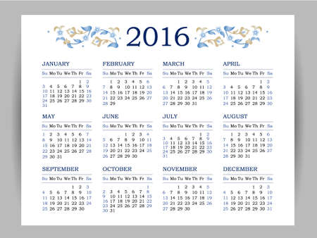 Vector calendar for 2016 on white background. Floral decor. Template with week starts Sunday.のイラスト素材