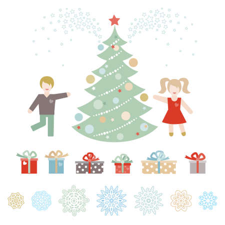 Cheerful children with a christmas tree, gifts and snowflakes. Christmas vector elements, winter holidays icons collection. Happy kids. New Year's decor for design template.のイラスト素材